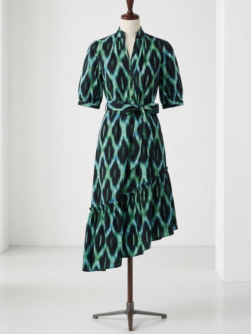 Scoop Green Ikat Midi Dress, Boho Chic Rich Mom Size L